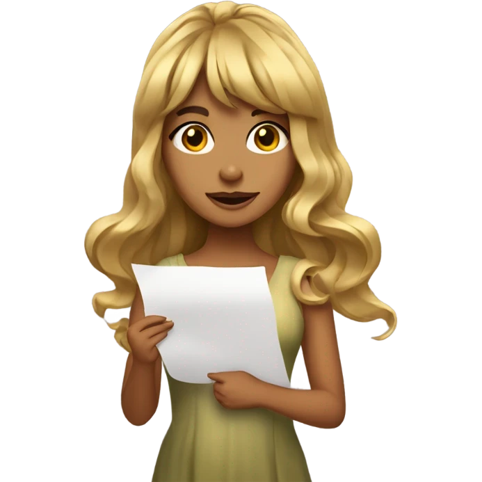 olive SKIN GIRL with long gold wavy hair and bangs holding paper emoji