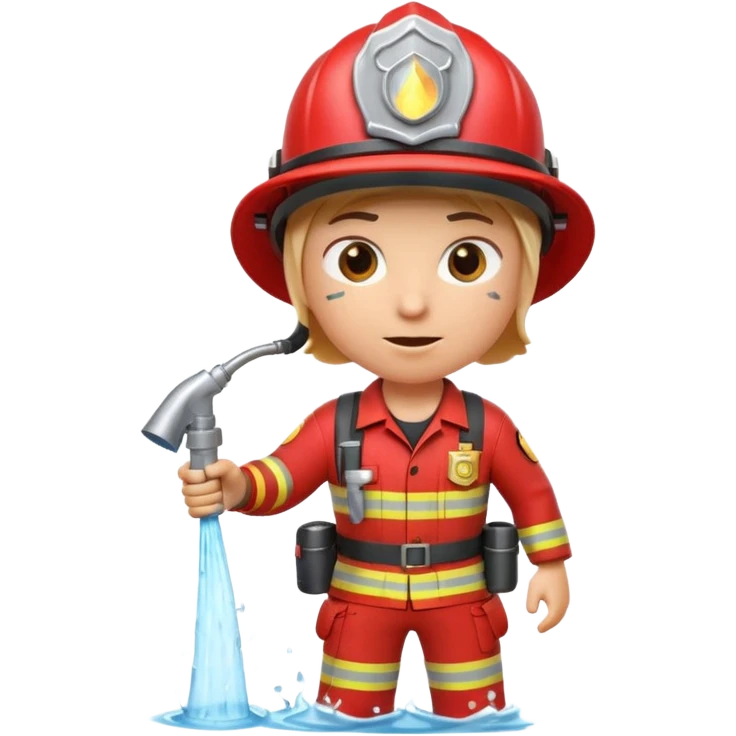 A 3D Apple-style emoji character dressed as a firefighter in a bright red uniform and helmet, holding a fire hose spraying water forward, determined expression with cartoonish eyes, water splashing effect, clean minimal background emoji