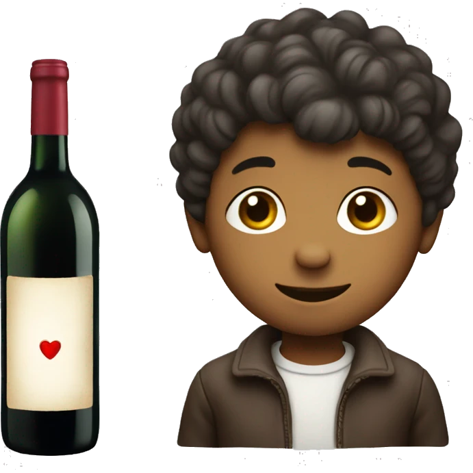 A boy with a bottle of wine come with a heart shape label emoji