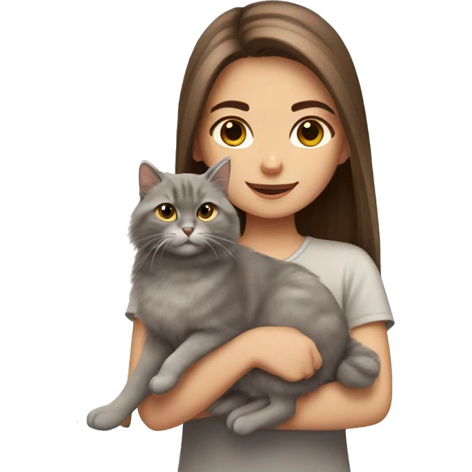  Chestnut brown straight hair girl holding fluffy Siberian gray cat  emoji