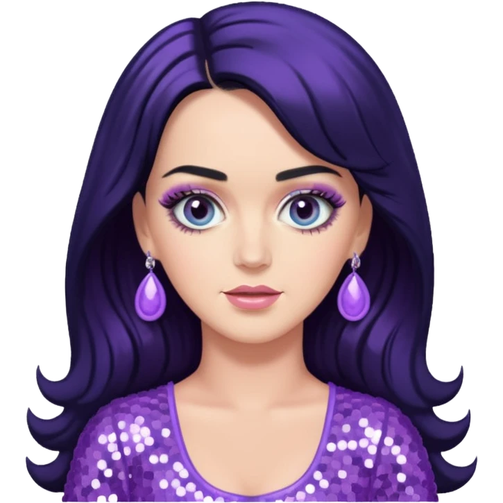 Katy Perry with long black hair, lavender sequin outfit emoji