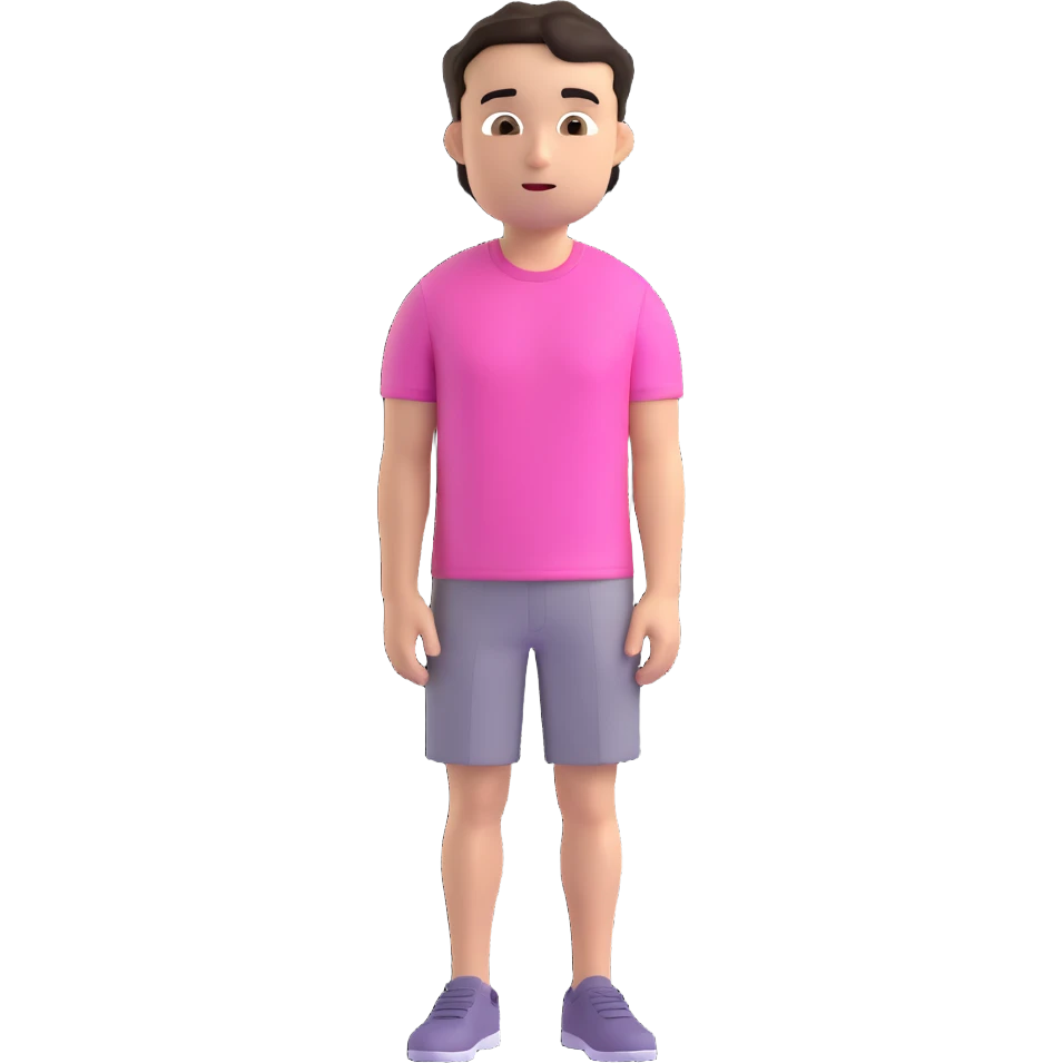 young man with short dark hair, pink t-shirt, neutral facial expression, Microsoft Fluent 3D emoji style emoji