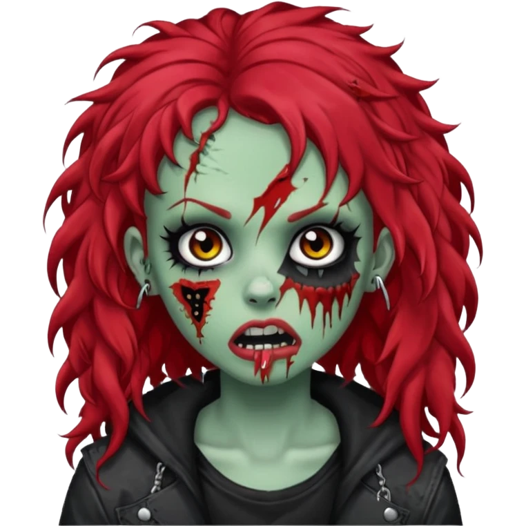 zombie girl red hair cacheado longo, com piercings na boca, nariz e sobrancelha,  roupa emo emoji