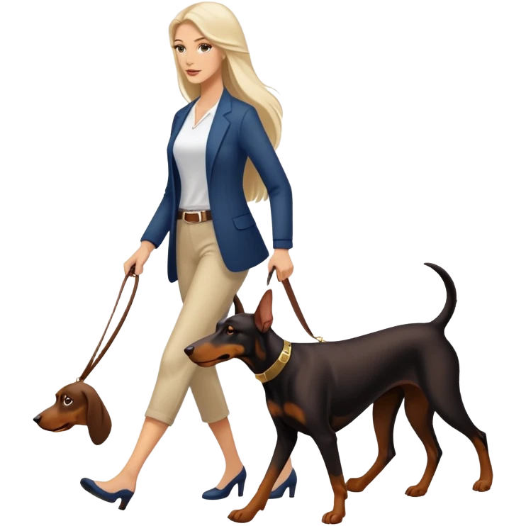 A beautiful white woman with long hair walks a Doberman emoji