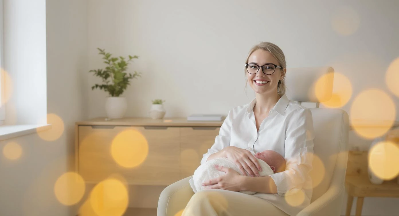 Cinematic still, Proffesional advertising of a smiling european white woman with glasses smiling holding baby, minimalistic ophthalmologist interior in background, leading  lines, "rule of thirds", 60/30/10 colors, soft light, warm colors, bokeh light in background emoji