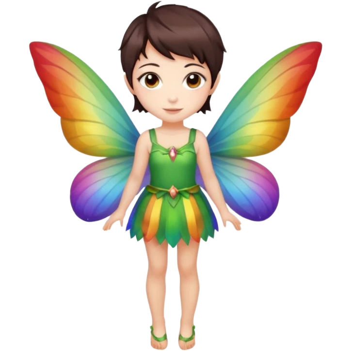 fairy with brown eyes pixie dark haircut chestnut color with rainbow wings full length emoji