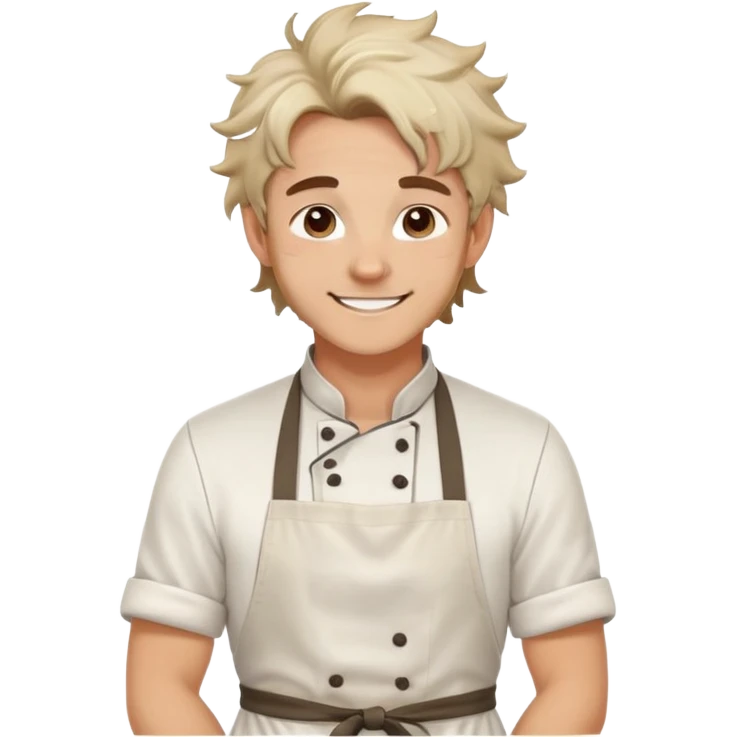 Attractive chef boyfriend with messy apron, tousled hair, playful smile. flour on cheeks, romantic emoji