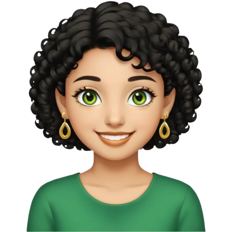 Girl showing happiness, medium skin tone, short curly black hair, gold earrings, green eyes emoji