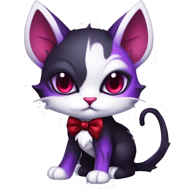 Cute-Evil-Vampiric-Batty-Cat-Black-Purple-Red-White-Contrast-Colors-Fantasy-Fur-Sona-Chibi-Shiny-Fakémon-Hybrid with horns and big fangs neck bow white tie leg spats full body emoji