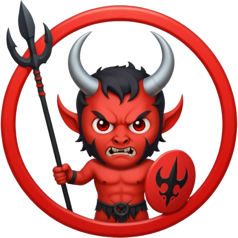 Red circle with black horns holding a trident emoji
