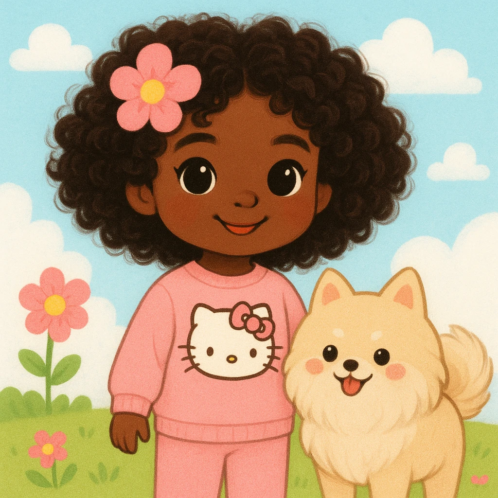 girl with very dark brown curly hair, black eyes, brown skin, wearing a pink Hello Kitty outfit, with a pink flower on her head, accompanied by a beige Pomeranian dog emoji