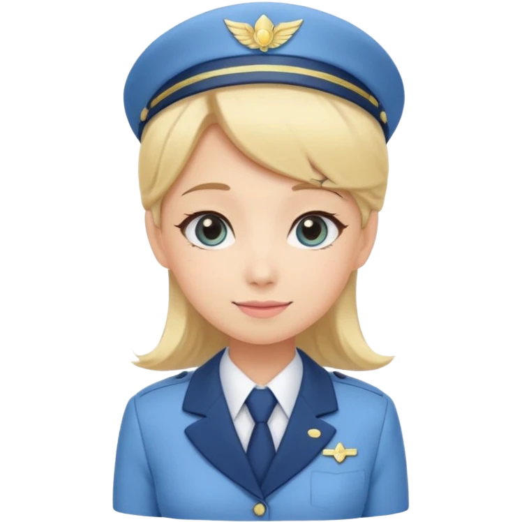 Cute emoji-style Japanese flight attendant, blonde hair long, pastel blue airline uniform, kawaii cartoon style, big eyes, simple clean lineart, pastel colors, chibi proportions, friendly smile, sticker/emoji, transparent background emoji