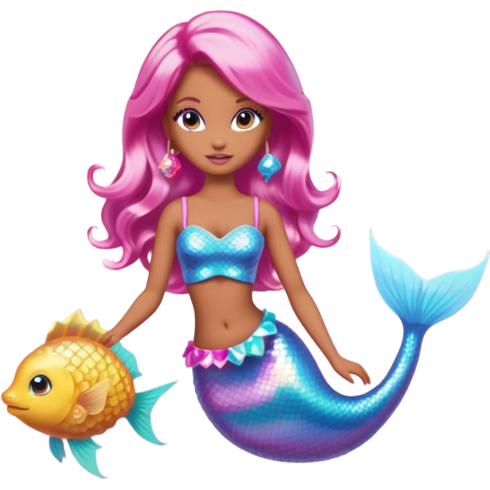 Brown skin blonde hair barbie mermaid with holographic tail and pink hair with pufferfish emoji