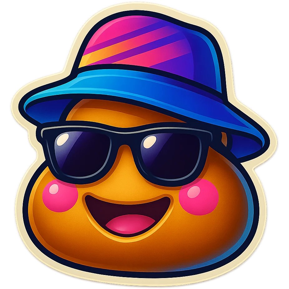 Add cool sunglasses and a fun hat to the poop emoji, keep it playful and cool with no background. emoji