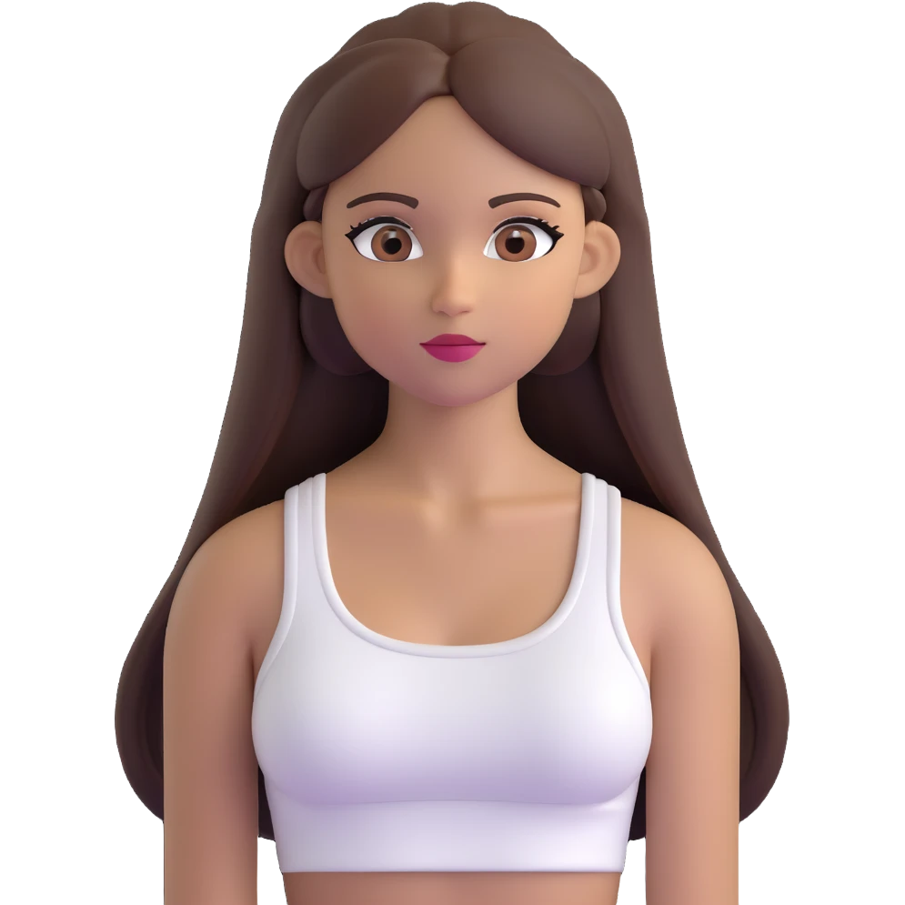 beautiful girl, long straight brown hair, brown eyes with lashes, wearing a white crop top, tan skin emoji