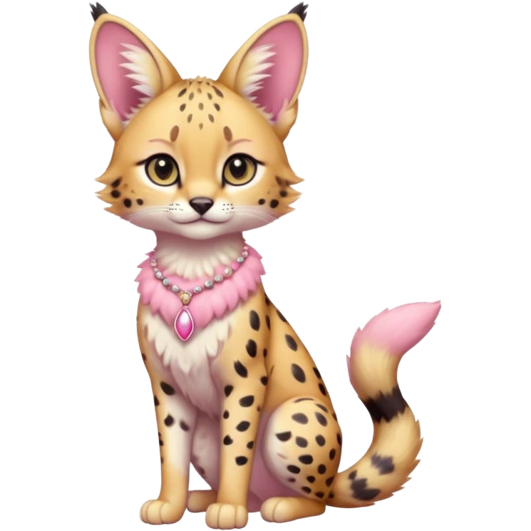 Whitish colorful pastel-rosy-pink cute elegant furry kawaii Serval, full body, with a cute pretty necklace  emoji
