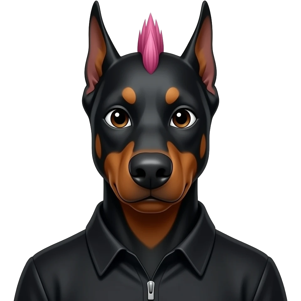 Pink mowhawk Haired heavy metal doberman front facing with full black outfit closeup emoji