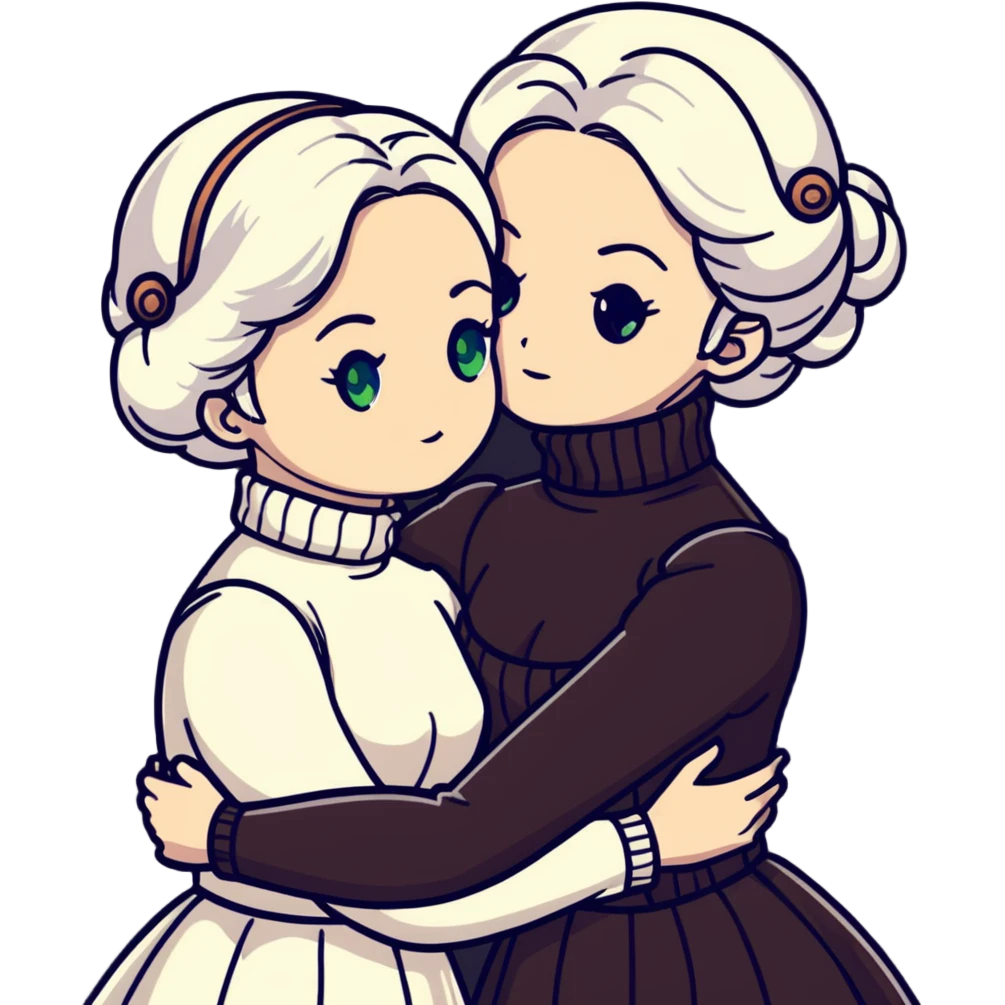 Two Victorian women with light green eyes embracing sadly. One has bright white coiffed hair, the other has dark copper coiffed hair. Both wearing Victorian turtleneck dresses, hugging tightly emoji