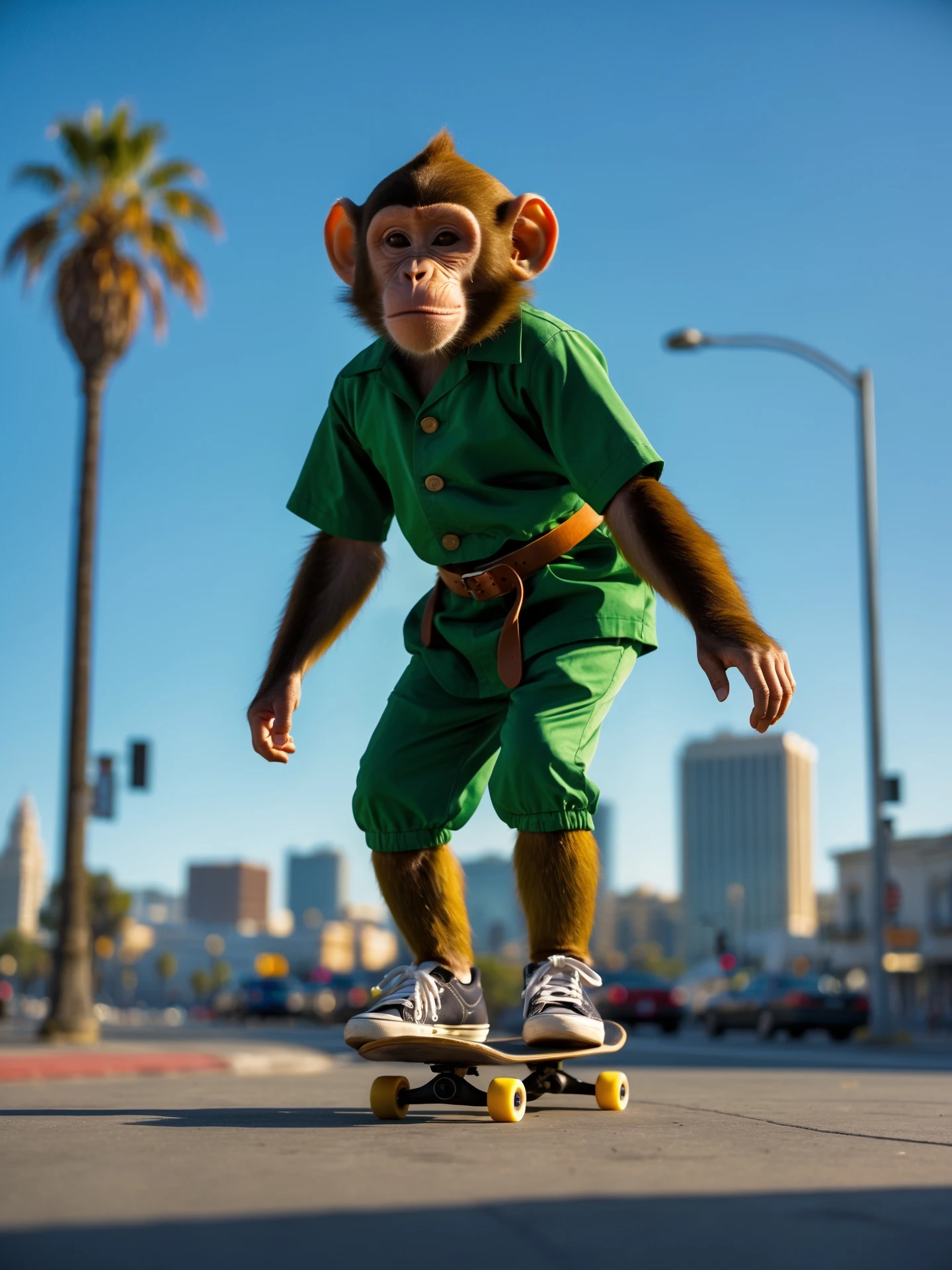 Disney style, Cinematic still scane, Low angle medium shot, monkey dress in green outfit, monkey ride on skateboard, san francisno downtown with city lanscape, blue clean sky, captured by ARRI Alexa XT, soft cinematic lightning emoji