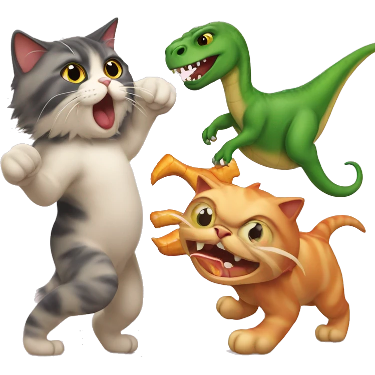 Calico Persian Cat fighting a dinosaur emoji