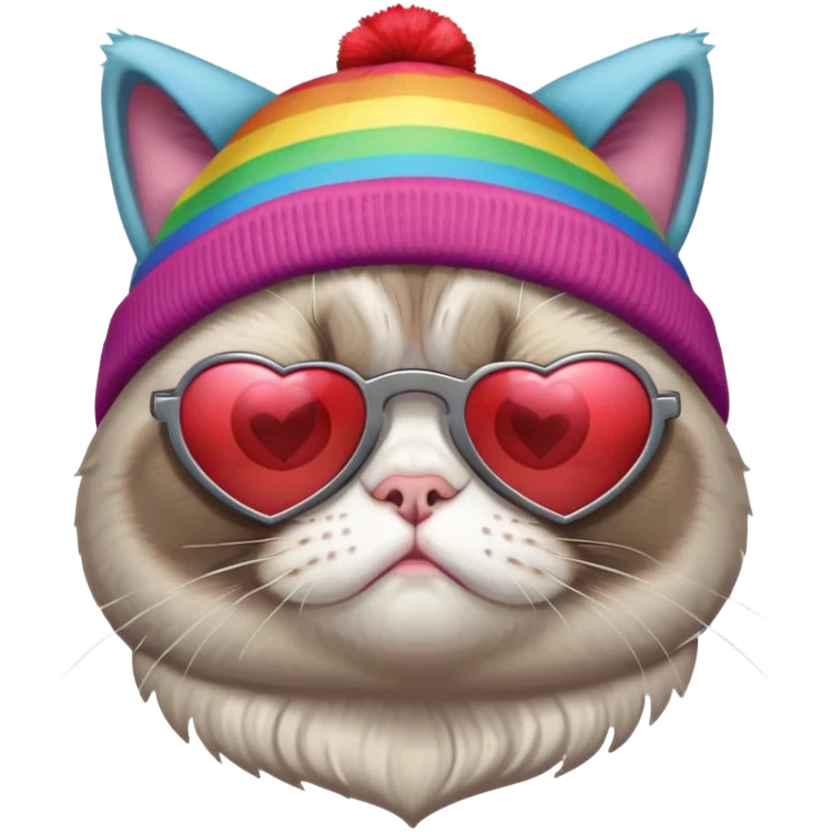 grumpy cat wearing a rainbow beanie and heart-shaped sunglasses emoji