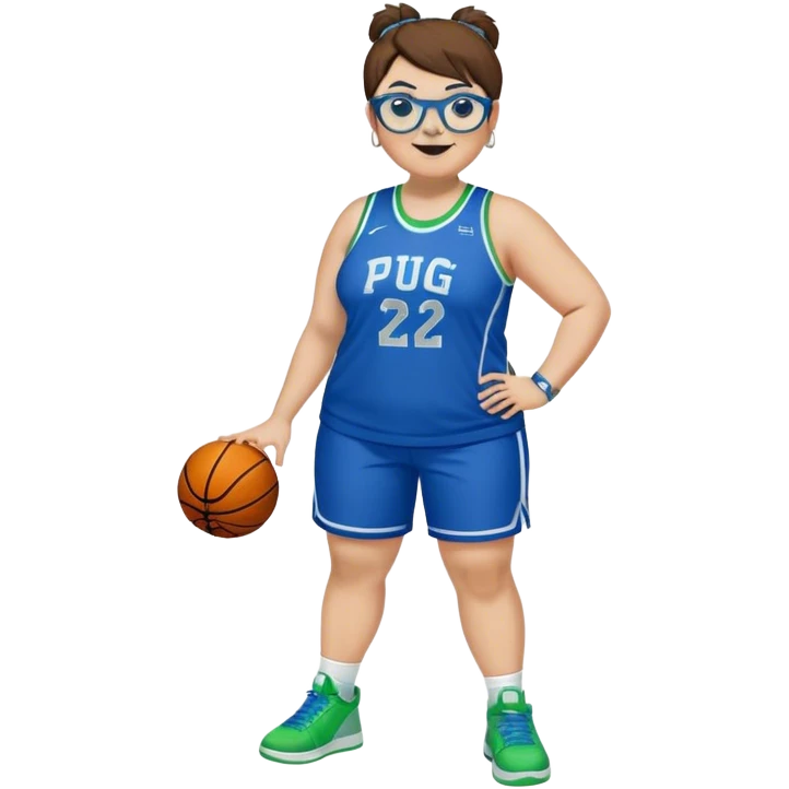 Full Body plus size white female basketball player with short medium brown hair with  spike hair wearing blue glasses 
With a pug wide nose wearing blue green uniform  green sneakers smiling wearing silver hoop earrings emoji