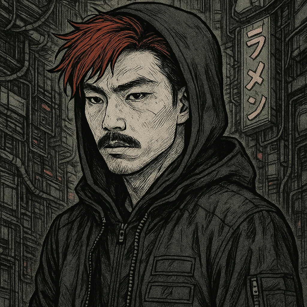 Asian man with black mustache, red hair, black hoodie, Japanese manga style inspired by Ghost in the Shell, cyberpunk atmosphere, detailed linework, monochrome with subtle color accents emoji