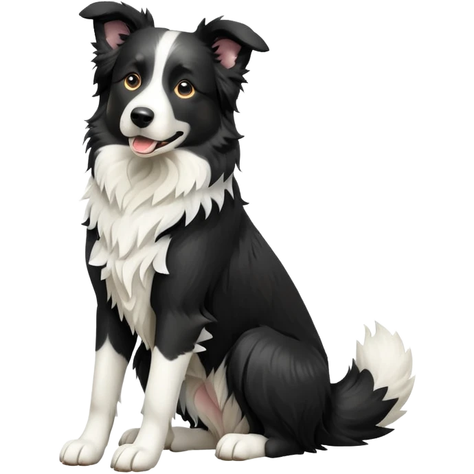 cinematic-[border collie dog]-realistic-full-body-sitting-emoji,-tail-resting-loosely-beside-its-paws,-head-tilted-dramatically,-scruffy-[black and white]-fur,-simplified-yet-realistic-focused-features,-highly-detailed,-glowing-with-an-almost-sarcastic-glow emoji
