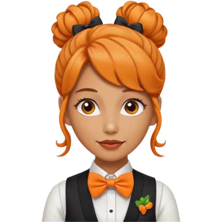 a bartender lady with bow tie and vest, having orange wavy bun hair















 emoji