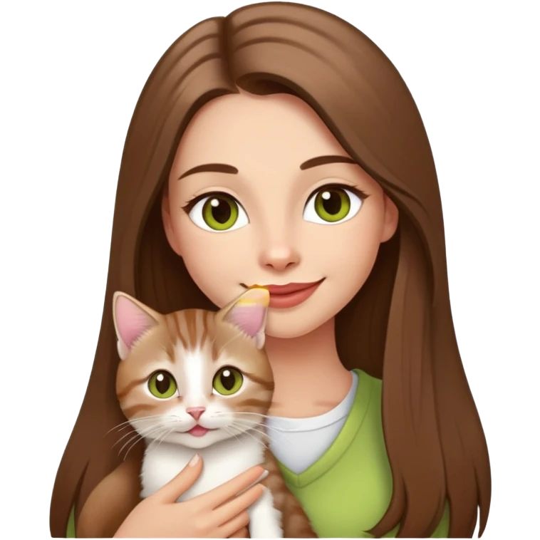 Woman with super long straight brown hair, rosy lips, chartreuse eyes, cute happy smile holding a white and brown tabby kitten emoji