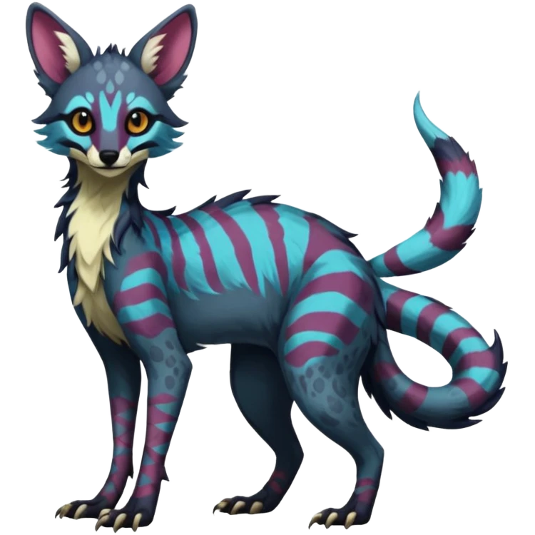 Feral Rare Fantasy dark colorful Vernid-Sergal-Genet-Trico-species by LiLaiRa, random markings, tufted tail, tufted ears, full body emoji