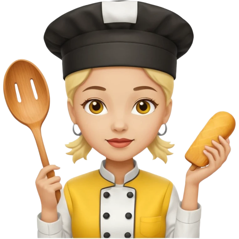 a woman chef wearing a bright yellow uniform, no posing emoji