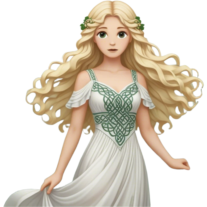 A blonde woman with long wavy hair, wearing a white flowing dress with intricate Celtic patterns, standing in a misty forest, detailed emoji