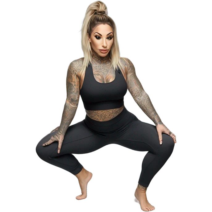 Karma RX squatting in yoga pants emoji