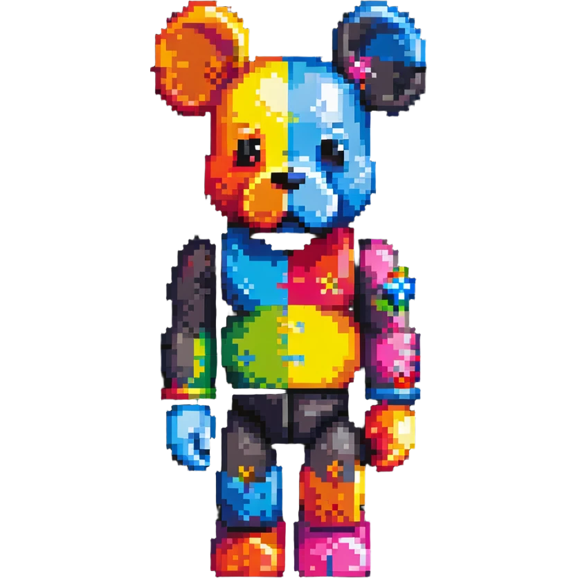 Pixel art KAWS Bearbrick figure with X eyes, blocky bear shape, vibrant colors emoji