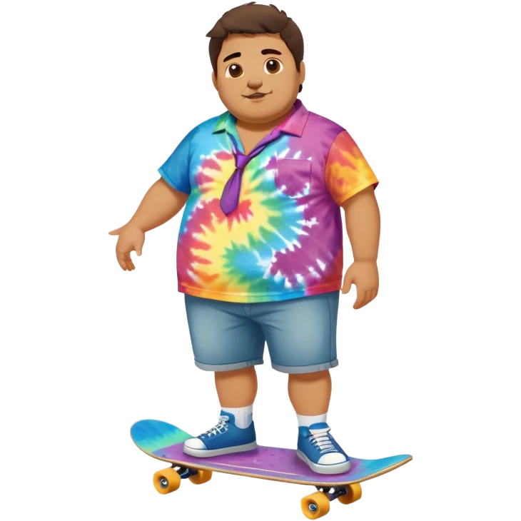 Full body chubby Mexican man with a skateboard from the city in shorts and a tie-dye tshirt emoji