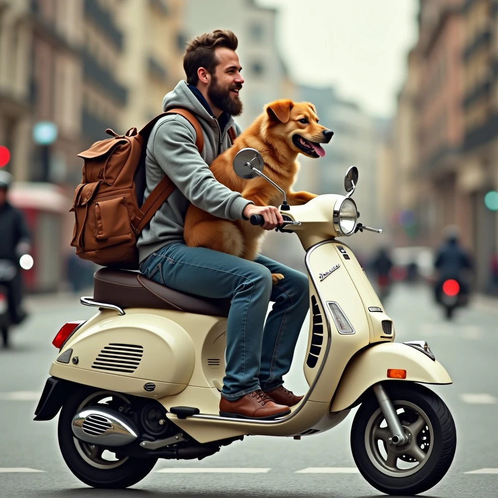 man and his pet dog riding a vespa emoji