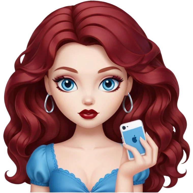 bratz pretty baddie, dark red wavy hair, pale skin, long hair, blue eyes, makeup emoji