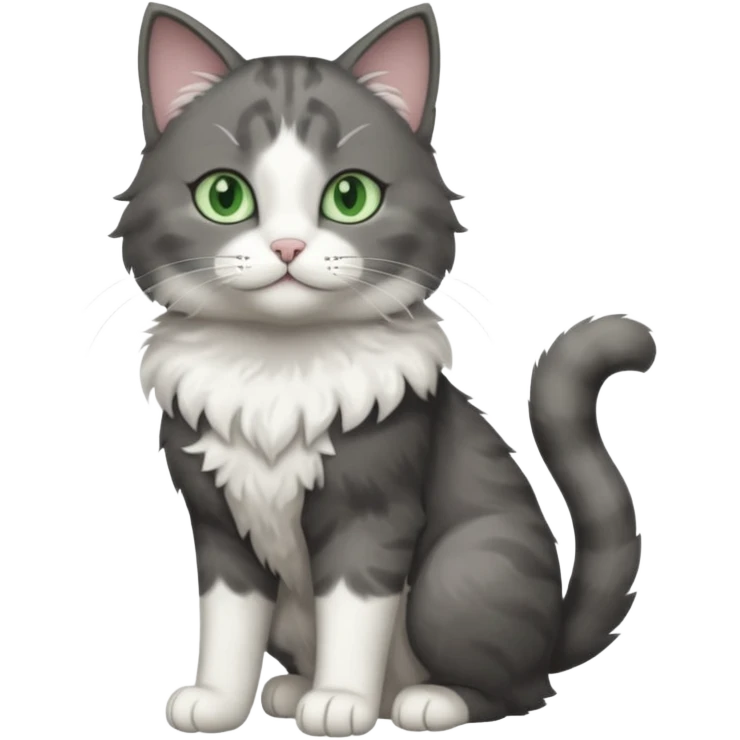 full body view of beautiful female solid dark grey cat with green eyes, white toes/paws and white patch on her chest emoji