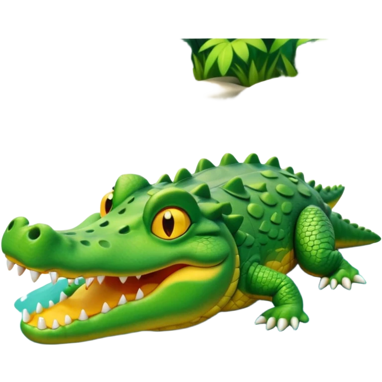 A cute 3D cartoon crocodile resting on a riverbank, part of its body in the water. Smooth rounded design, bright colors, soft lighting, friendly expression, Memoji-style realism. emoji