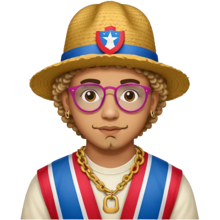 An emoji of Bad Bunny, the superstar from Puerto Rico. The singer. His hair is curly. He has a padlock beard. An an traditional boricua hat.  emoji