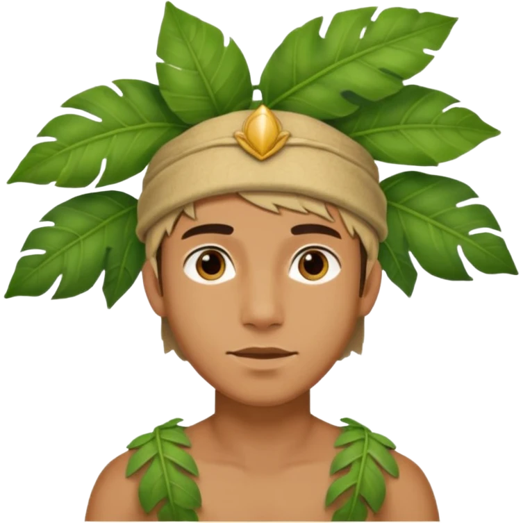 a young man explorer with jungle wearing a large leaf headgear bye  emoji