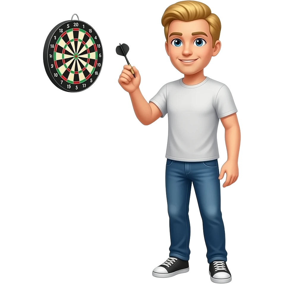 blonder man in t-shirt spielt darts ganzer körper emoji