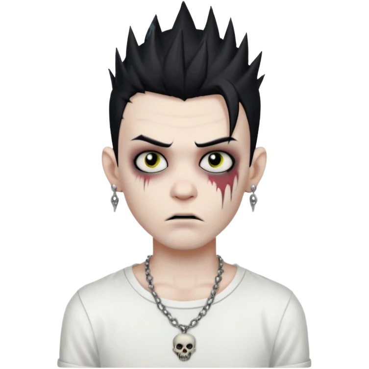 zombie boy with spiky emo black hair and white shirt , tattos, a risk on the eyebrow, earings,  a necklace emoji emoji