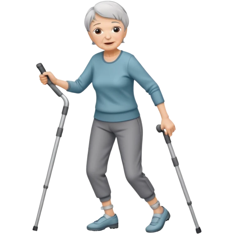 elderly woman with pants, short grey hair, and dancing with crutches                    and with a sorry look emoji