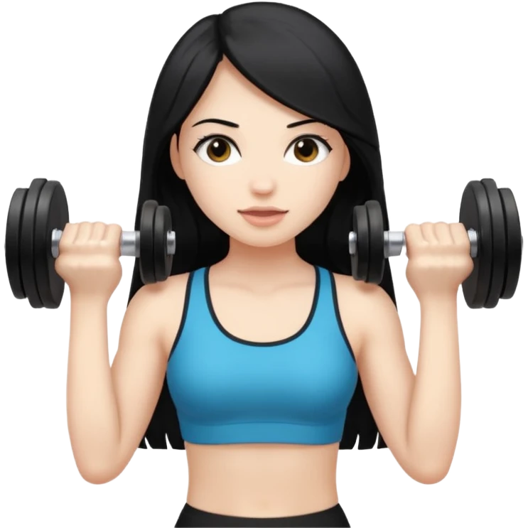 Pale girl with long black hair using dumbbells emoji