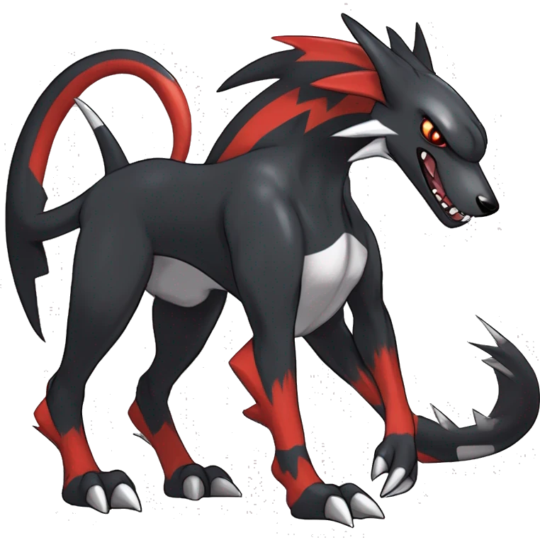 Black Cool Edgy Nargacuga-Houndoom-Garchomp Fakémon Digimon with Red and white Edgy markings, full body, outlined, sharp line Art emoji