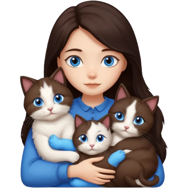 a girl with long dark 
brown hair, with blue eyes, hugs 3 different natural coloured cats emoji