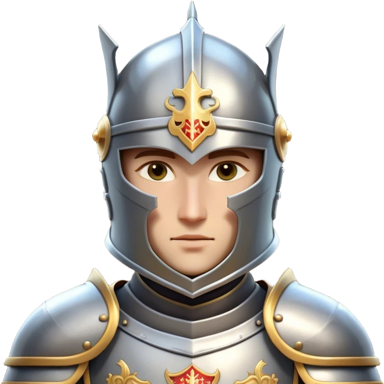 Clash of Clans aesthetic: Cinematic heroic Armored Knight Hero close up Emoji, rendered in a 3D vector-style similar to standard emojis with minimal shading and bold, simplified shapes. A compact, isometric warrior clad in gleaming plate armor with intricate heraldic details, softly glowing with a chivalrous medieval charm. Simplified yet unmistakably iconic, highly detailed and consistent, glowing with a soft radiant shine and high polish. Stylized with a touch of noble valor and a soft glowing outline, wearing a full face helm so that no face is visible with only eyes visible, capturing the essence of a gallant knight ready for honorable battle with a friendly, playful manner! emoji