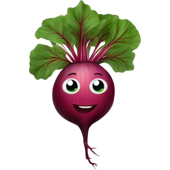 miling beetroot with big expressive eyes, rosy cheeks, and a green leaf on top. Simple and bright design with a cheerful and cartoonish style. emoji